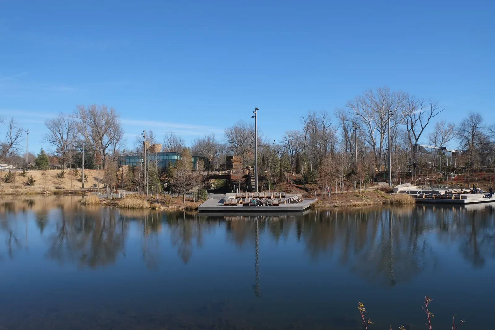 Pond and landscaped grounds at nearby Gathering Place, not the Discovery Lab museum