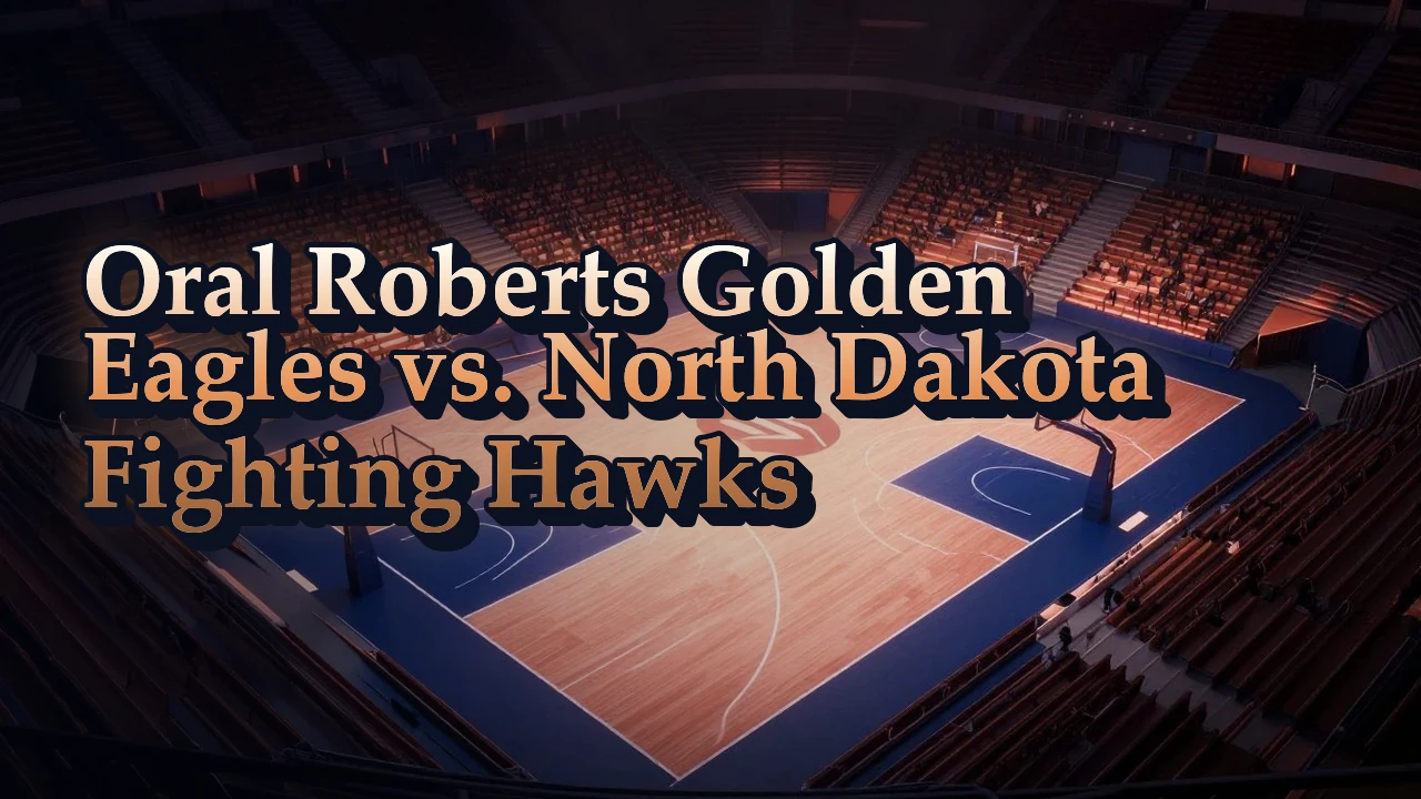 Illustrated event poster for Oral Roberts Golden Eagles vs. North Dakota Fighting Hawks