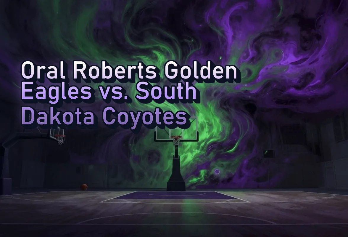 Illustrated event poster for Oral Roberts Golden Eagles vs. South Dakota Coyotes