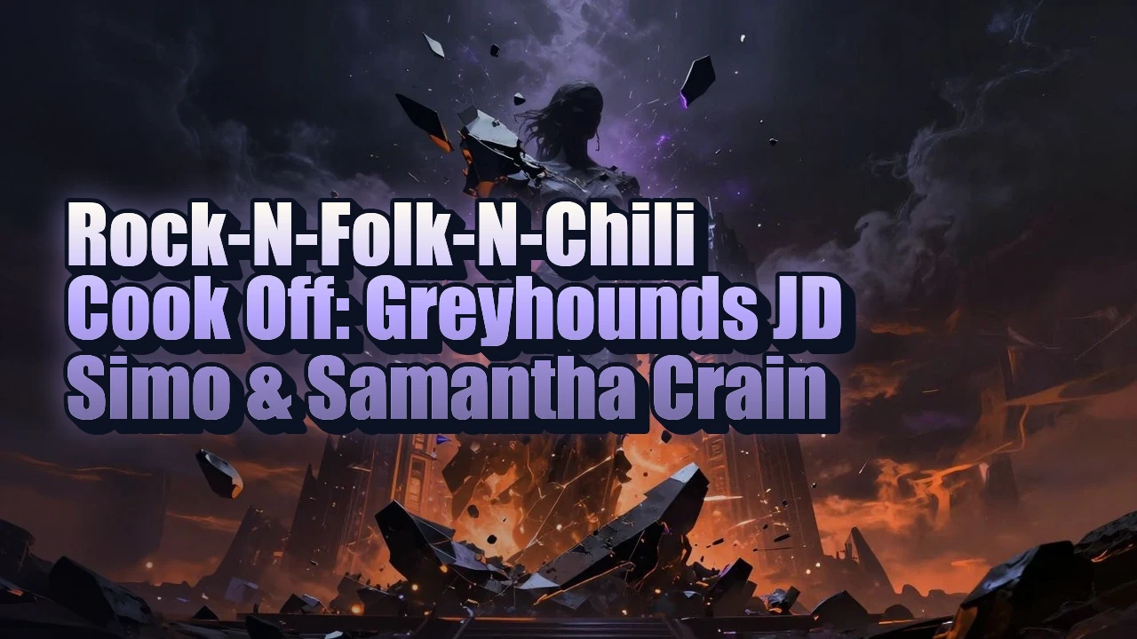 Illustrated event poster for Rock-N-Folk-N-Chili Cook Off: Greyhounds  JD Simo & Samantha Crain