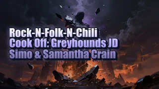 Illustrated event poster for Rock-N-Folk-N-Chili Cook Off: Greyhounds  JD Simo & Samantha Crain