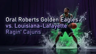 Illustrated event poster for Oral Roberts Golden Eagles vs. Louisiana-Lafayette Ragin' Cajuns