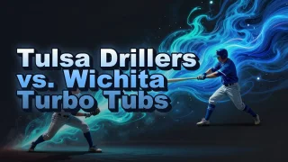 Illustrated event poster for Tulsa Drillers vs. Wichita Turbo Tubs