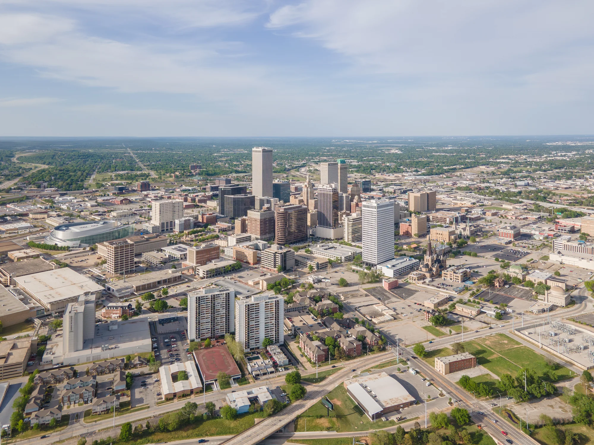 Aerial photograph of the downtown Tulsa skyline
