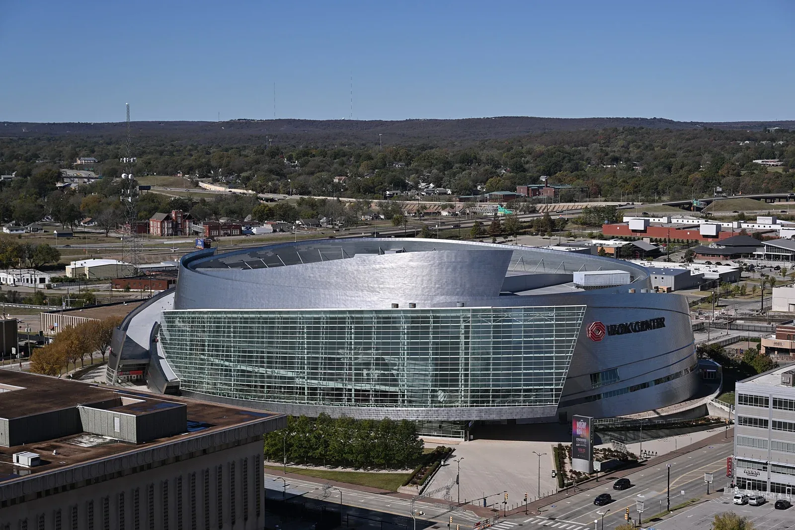 Aerial view of BOK Center in downtown Tulsa in 2024