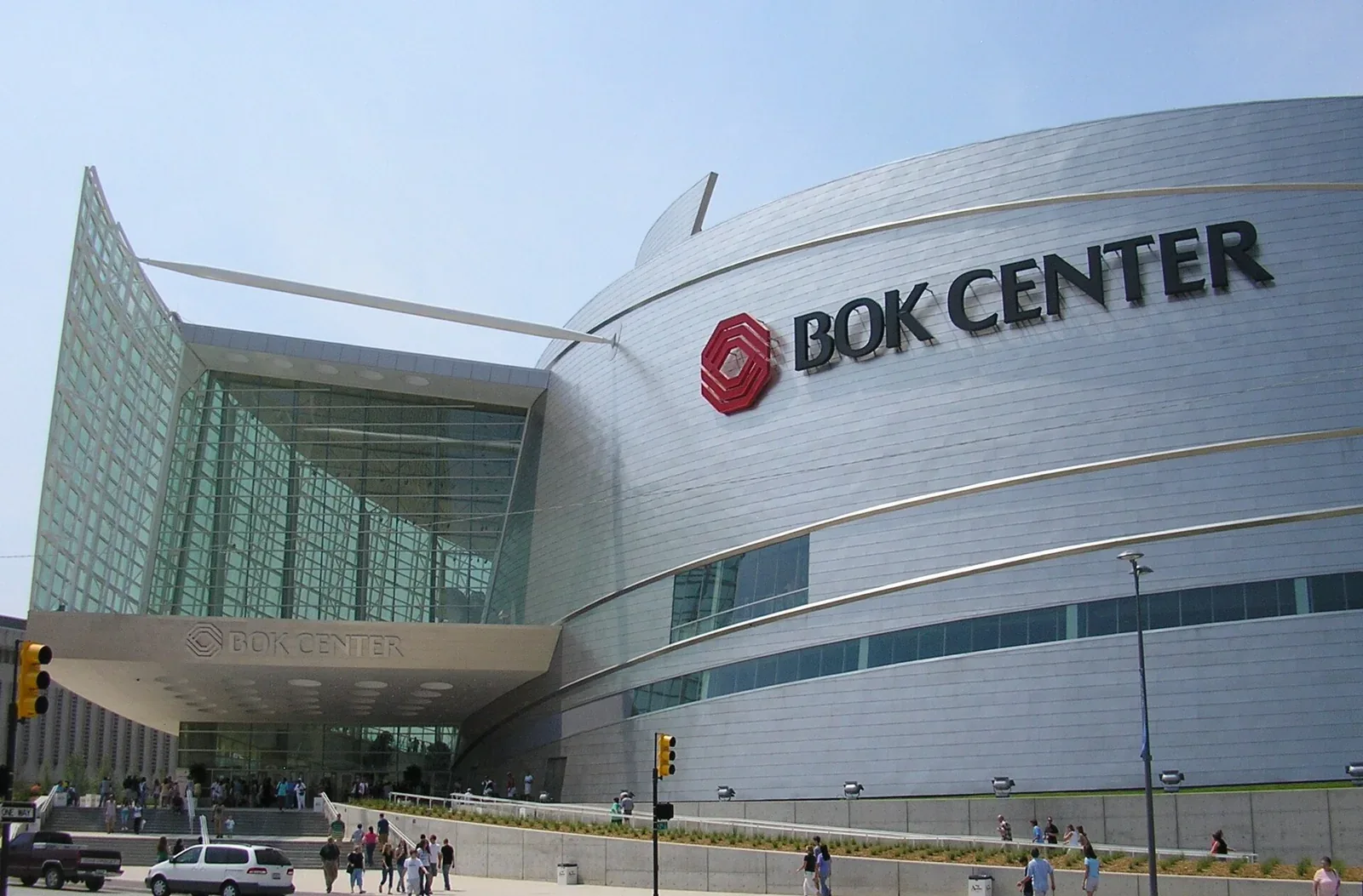 Glass entrance and metal exterior of BOK Center in 2008