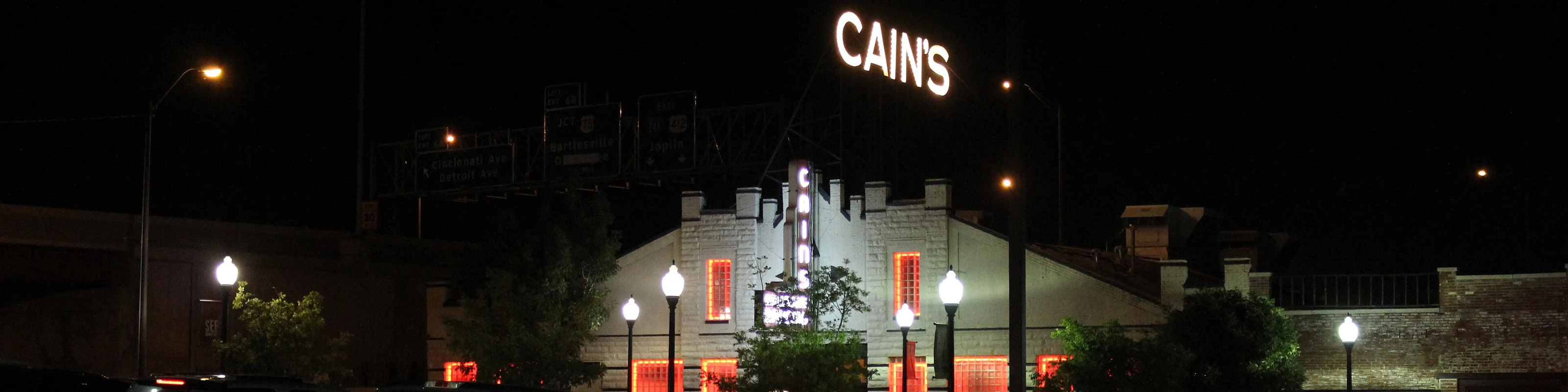 Cain’s Ballroom exterior illuminated at night in 2012